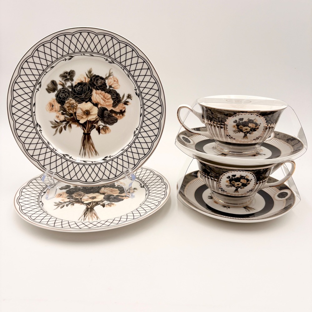 Grace Teaware Black Gold Floral Porcelain Tea Set 2 Cups 2 Saucers 2 Plates Goth